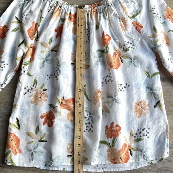 Hester & Orchard Floral Linen Blouse Womens Large Bow Collar Peasant Lightweight - Picture 4 of 8
